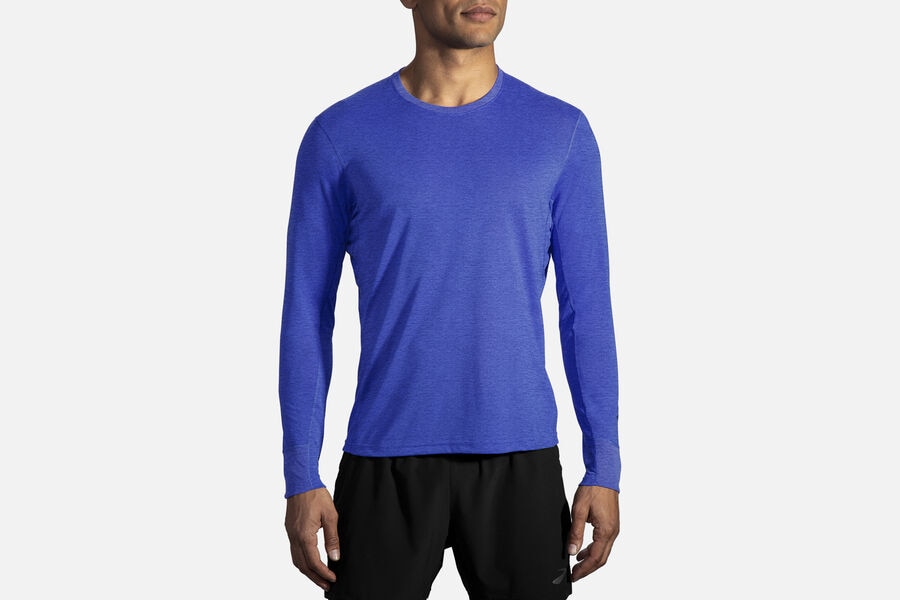 Mens Brooks Distance Long Sleeve Tops Heather Amparo Blue | 567312-XIV